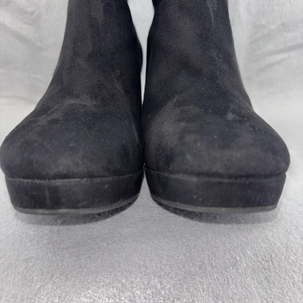 H&M Black Suede Platform High Heel Ankle‎ Boots Womens 6 Gold Tone Side Zip EUC
